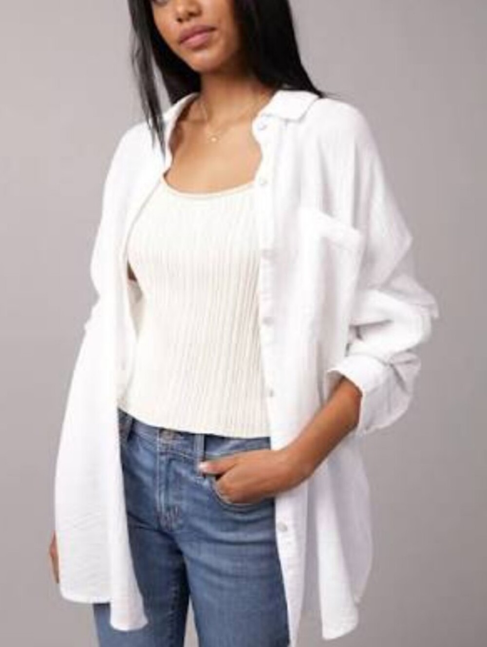 American Eagle Outfitters White Oversized Beach Button-Down Shirt Size Large